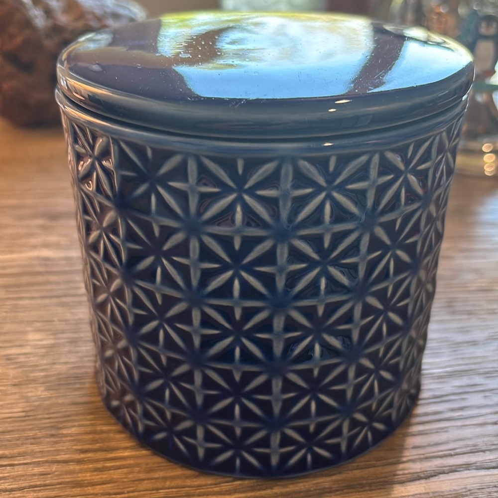 Threshold blue glaze geo covered jar